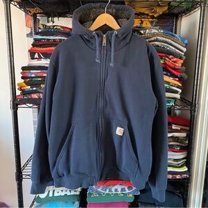 Carhartt Hoodie Zip Up Sweatshirt Navy Blue Sherpa Lined Workwear